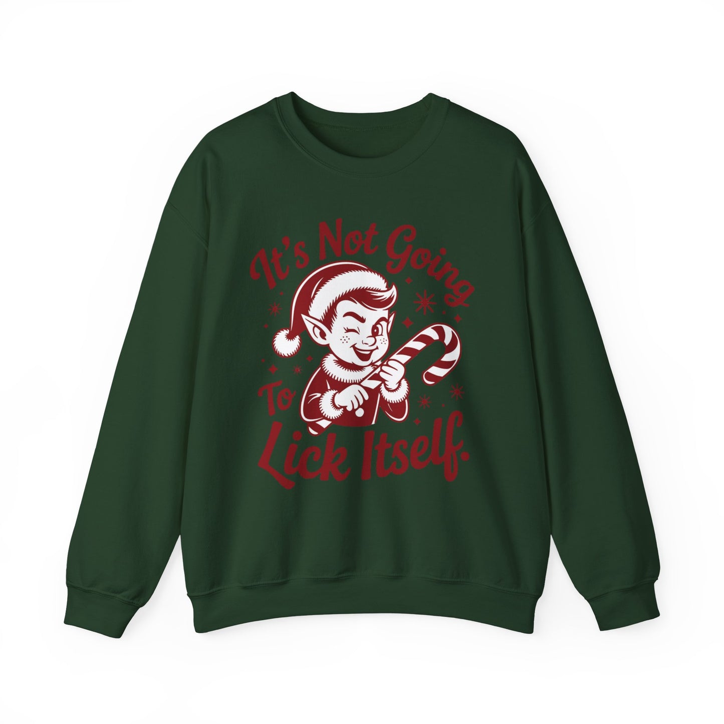 🍭😅 “It’s Not Going To Lick Itself” Men’s Funny Elf Sweatshirt – Bold Candy Cane Humor Crewneck
