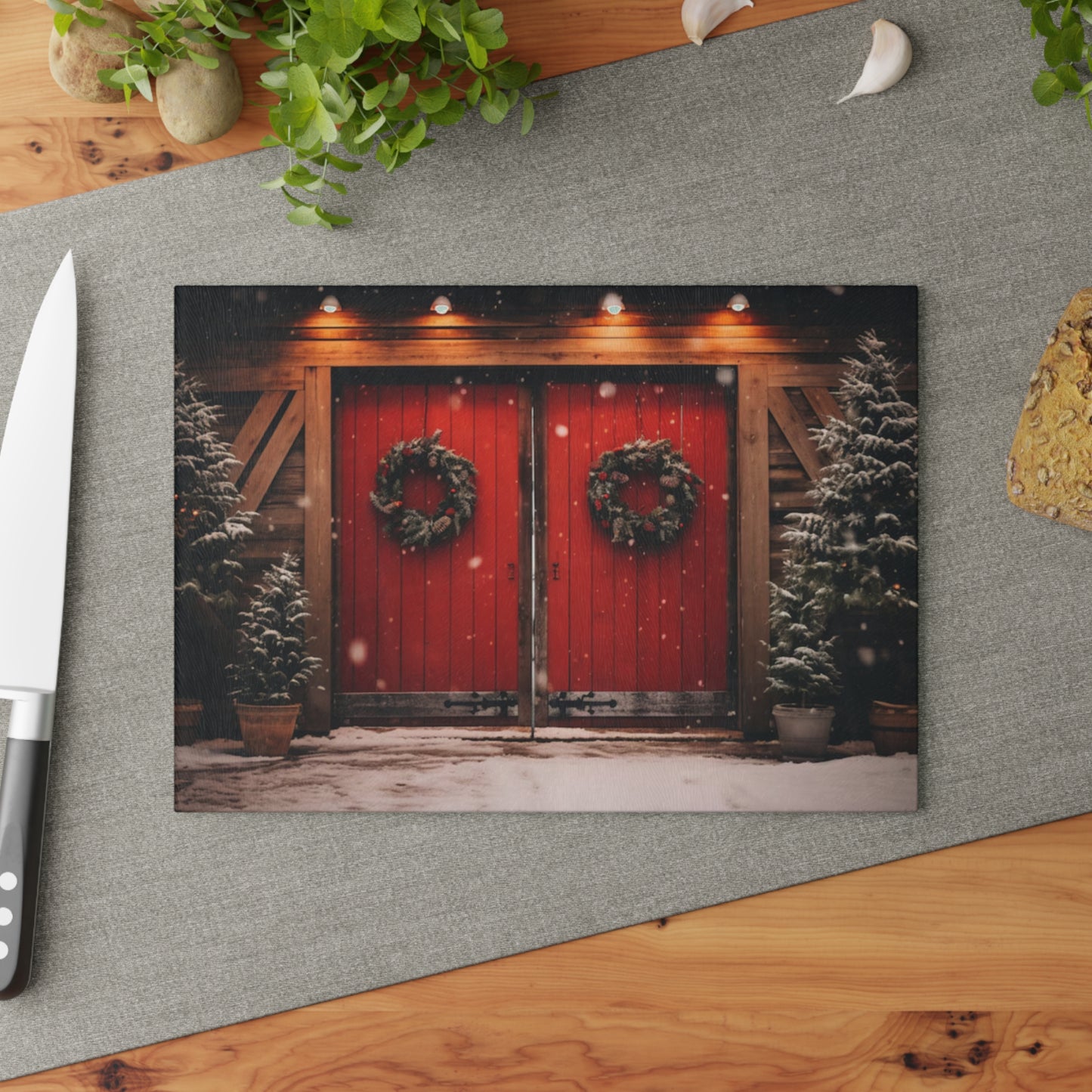 🎄 Rustic Red Barn Christmas Cutting Board – Cozy Country Charm for the Holidays 🎁