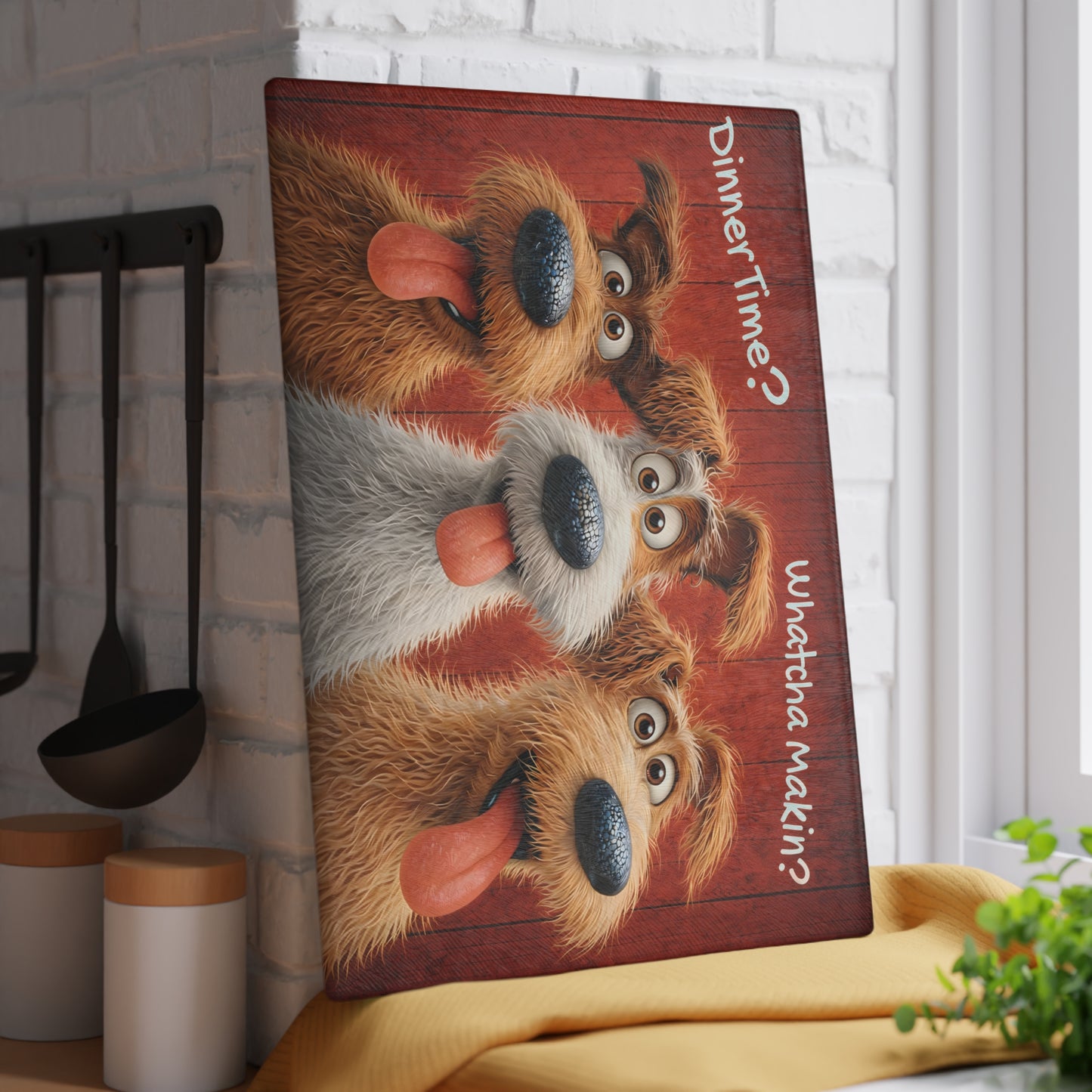 Funny Dog Glass Cutting Board – “Dinner Time? Whatcha Makin?” Playful Kitchen Decor