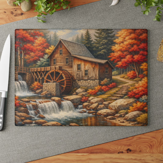 Autumn Watermill Cottage Glass Cutting Board – Rustic Fall Waterfall Kitchen Art