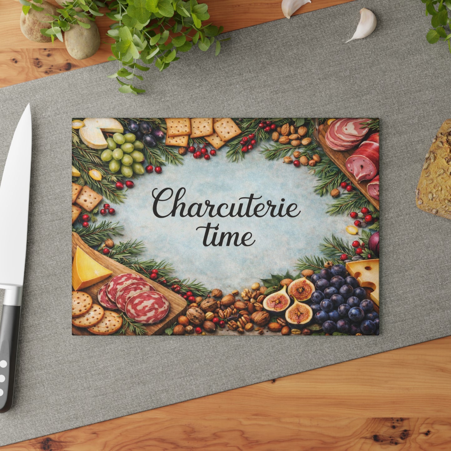 “Charcuterie Time” Festive Entertaining Glass Cutting Board – Holiday Kitchen Décor