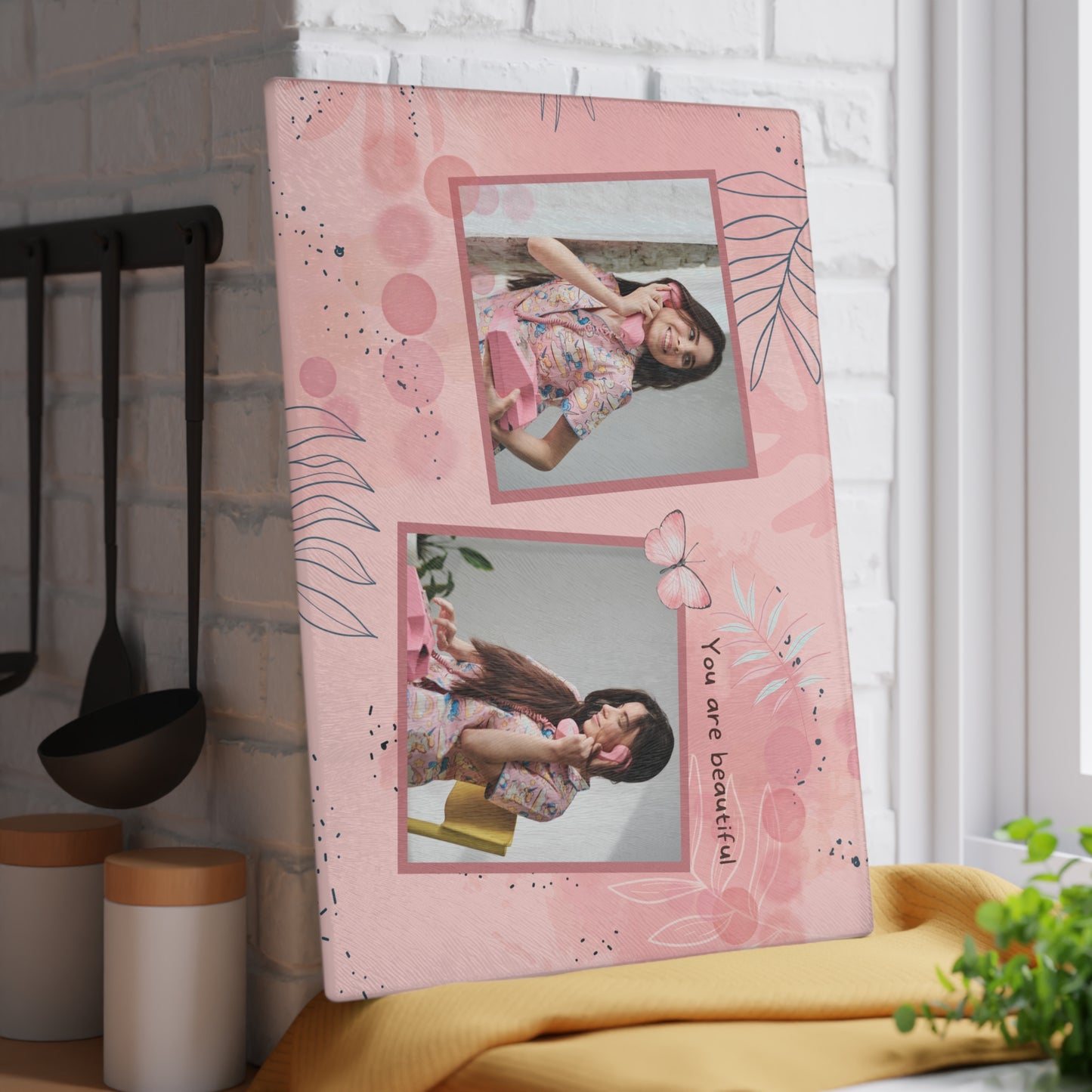 You Are Beautiful Photo Collage Glass Cutting Board – Pink Butterfly Inspirational Keepsake