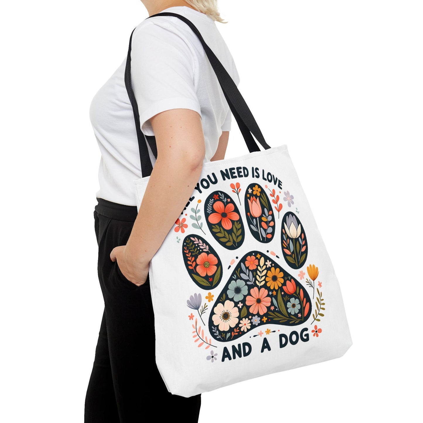 🐾 All You Need is Love and a Dog Tote Bag – Floral Paw Print Perfection 🌸