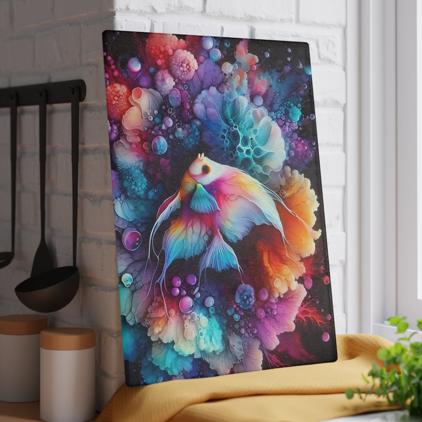 Tabla de cortar de vidrio con diseño de pez fantasía vibrante: Elegancia de arrecife de acuarela para cocinas artísticas
