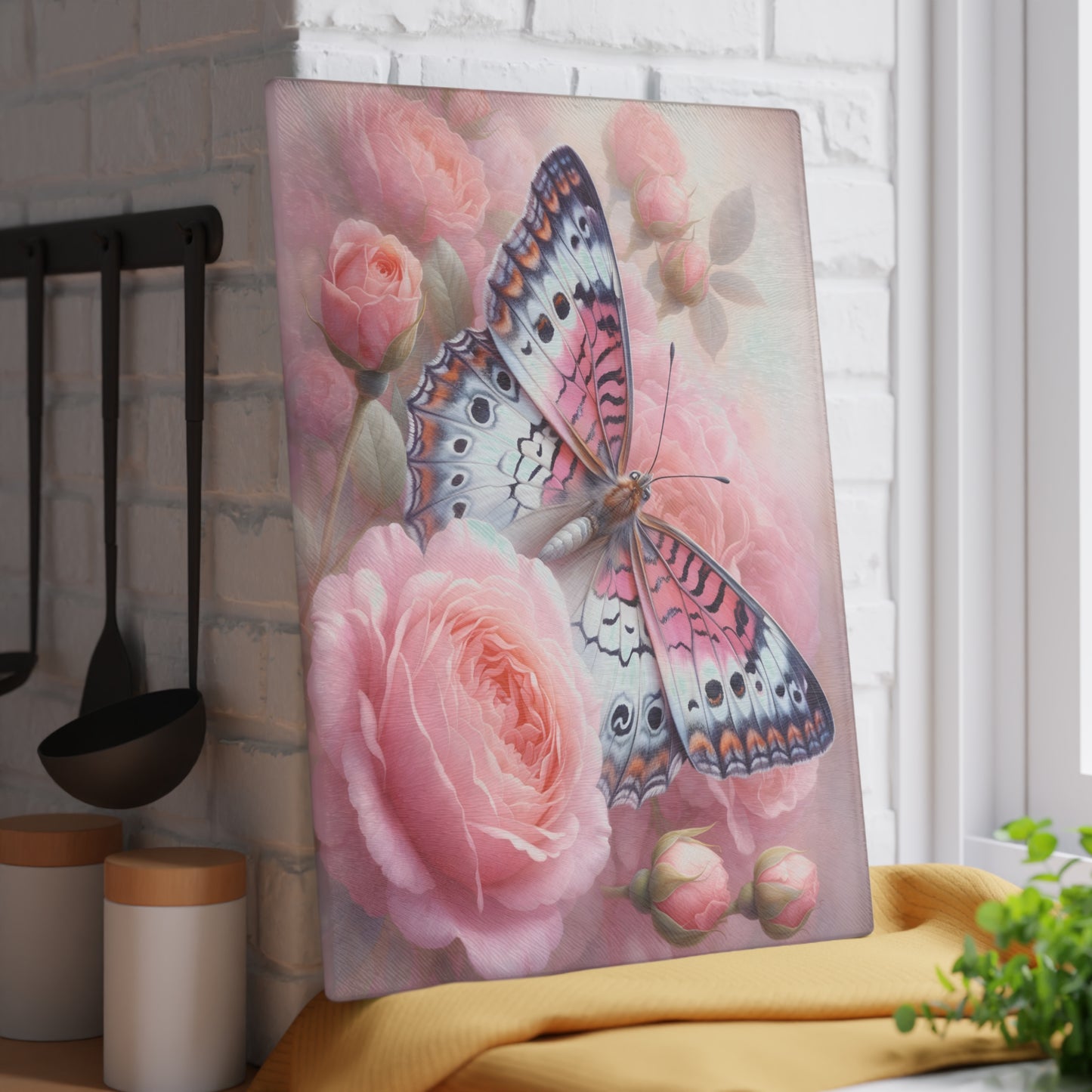 Pink Butterfly & Rose Garden Glass Cutting Board – Elegant Floral Nature Kitchen Décor