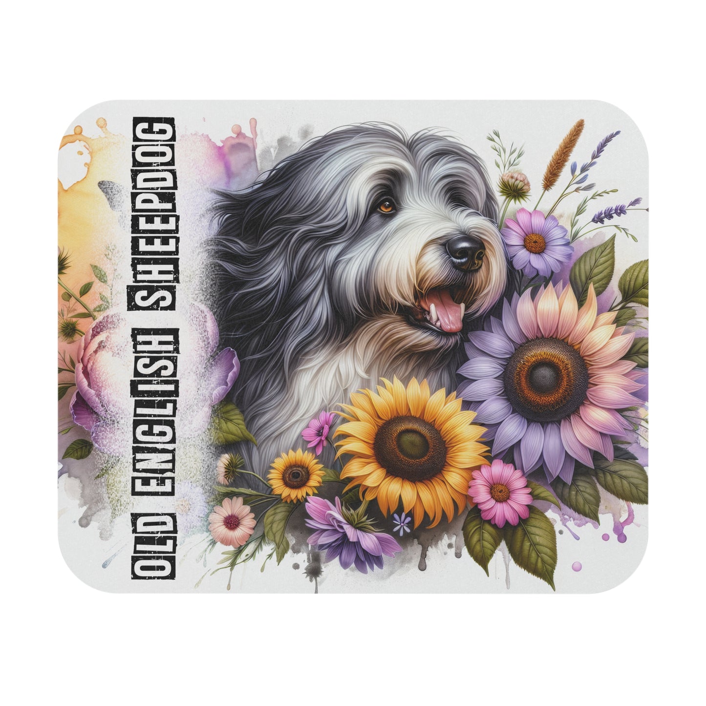 🖱️🐑🌻 Old English Sheepdog Mouse Pad – Fluffy OES with Sunflowers & Garden Florals