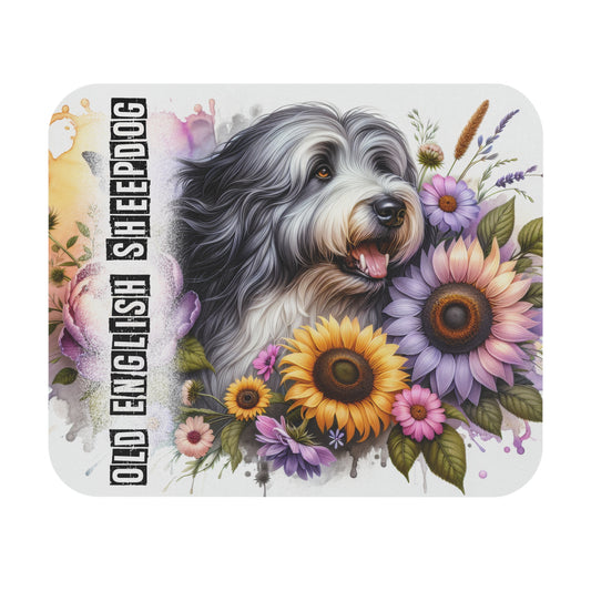 🖱️🐑🌻 Old English Sheepdog Mouse Pad – Fluffy OES with Sunflowers & Garden Florals