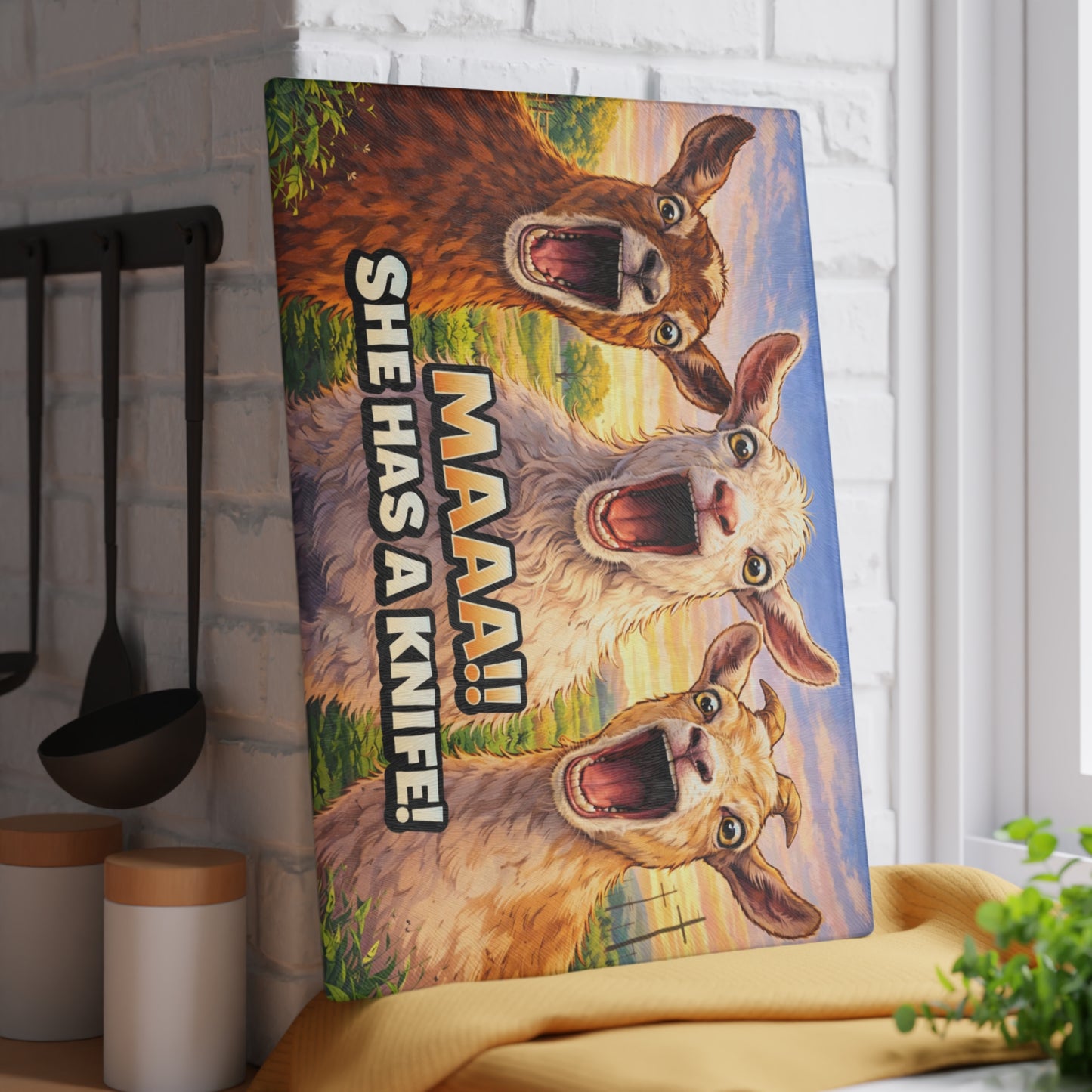 Maaa! She Has a Knife Glass Cutting Board – Funny Goat Farm Kitchen Art Display