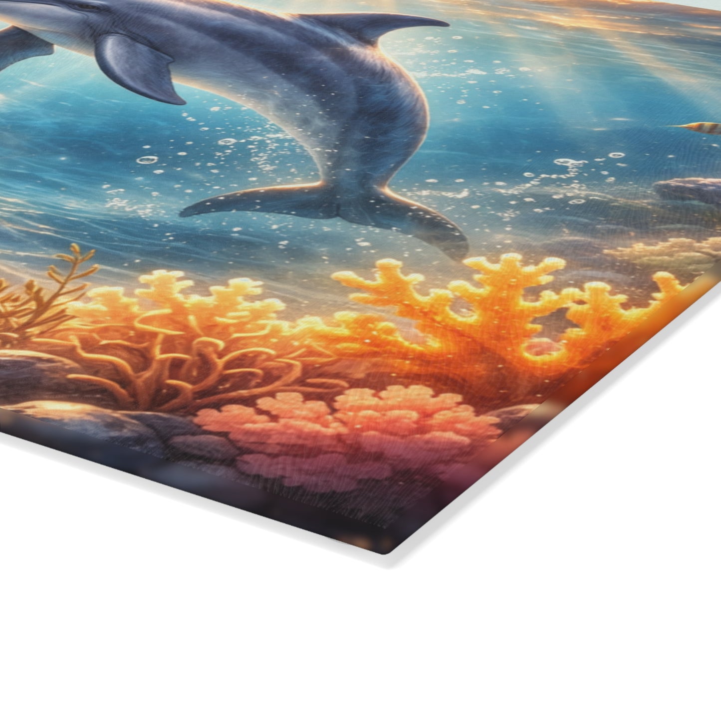 Sunlit Dolphin Glass Cutting Board – Serene Ocean Reef Artwork