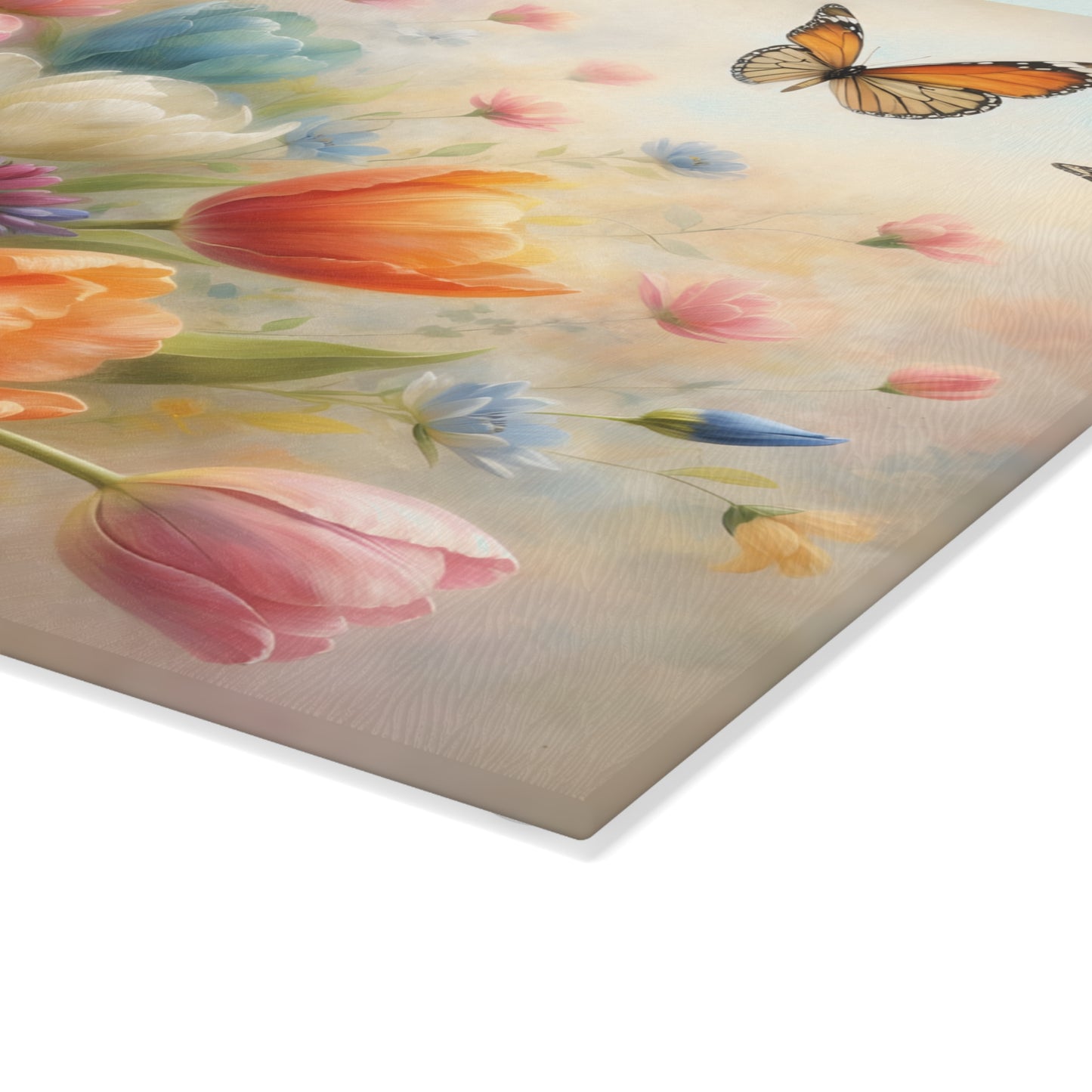 Tulips and Butterflies Glass Cutting Board – Elegant Floral Spring Kitchen Art