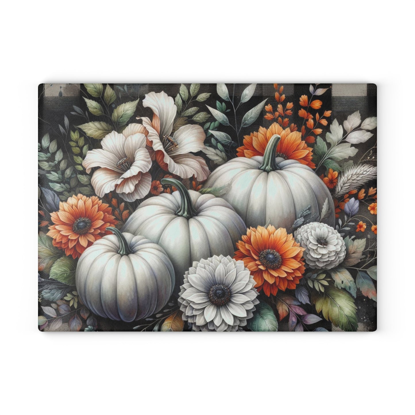 🎃 White Pumpkin & Floral Cutting Board – Rustic Elegance Meets Autumn Charm