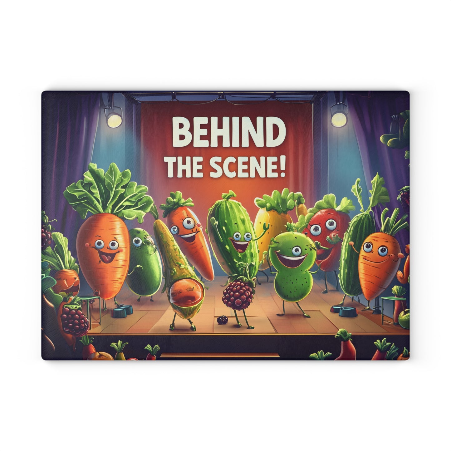 Tabla de cortar de vidrio "¡Detrás de escena!" - Decoración de cocina cómica con verduras danzantes 🌟🍅