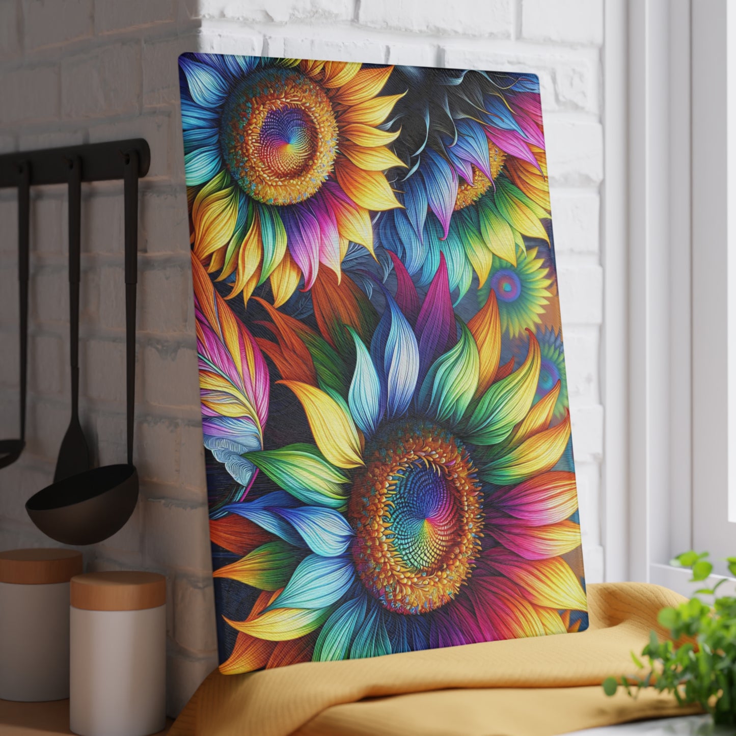 Rainbow Sunflower Glass Cutting Board – Colorful Farmhouse Kitchen Decor