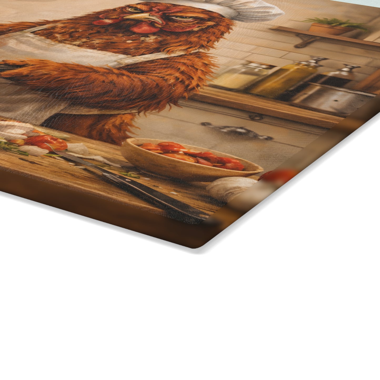 Angry Chicken Chef Glass Cutting Board – Funny Kitchen Chaos Farm Art
