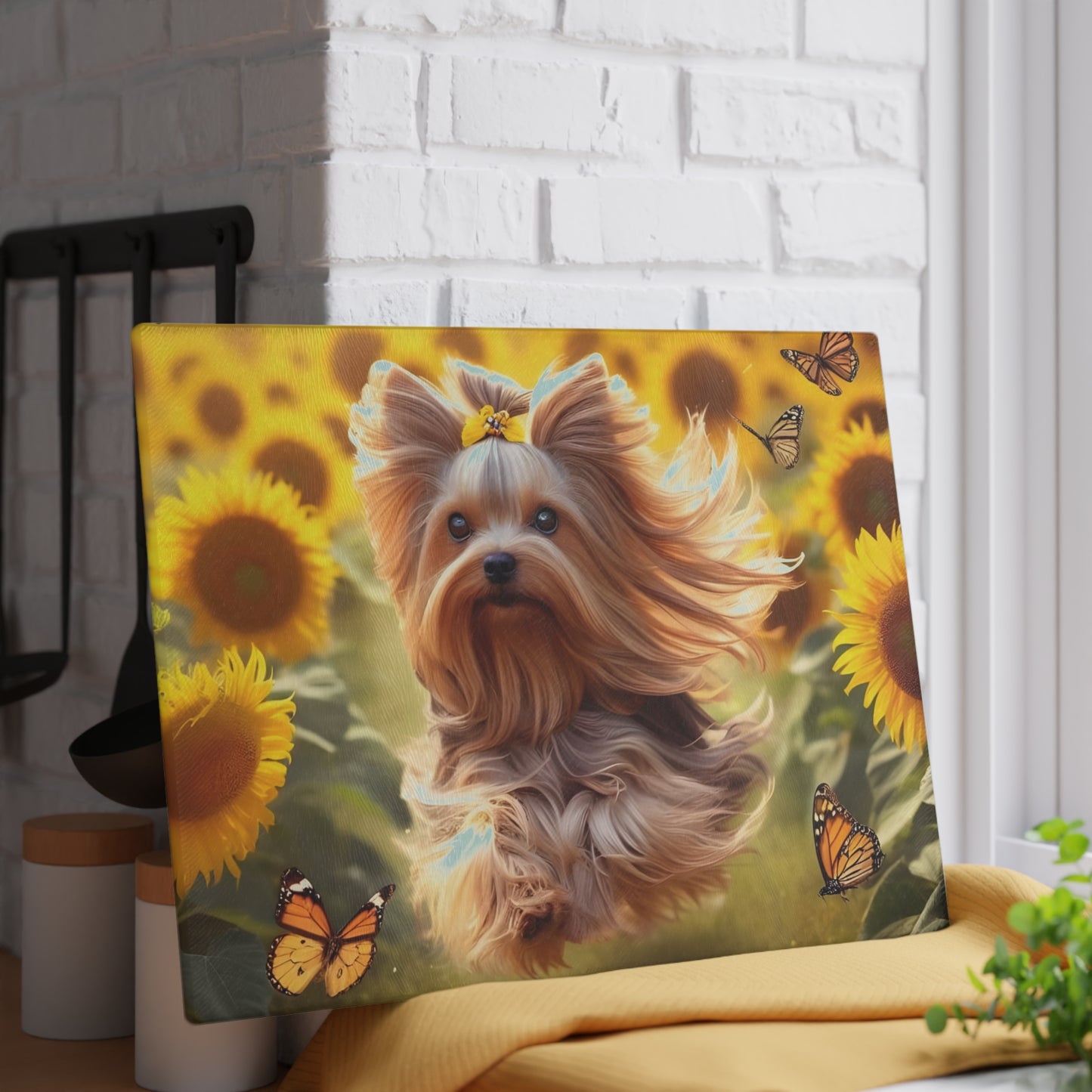 Yorkie in the Sunflowers – Tempered Glass Cutting Board