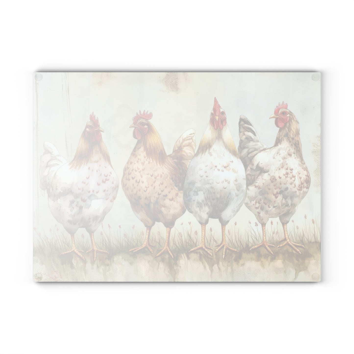 🐔🌿 “Country Hen Parade” Glass Cutting Board – Classic Farmhouse Charm