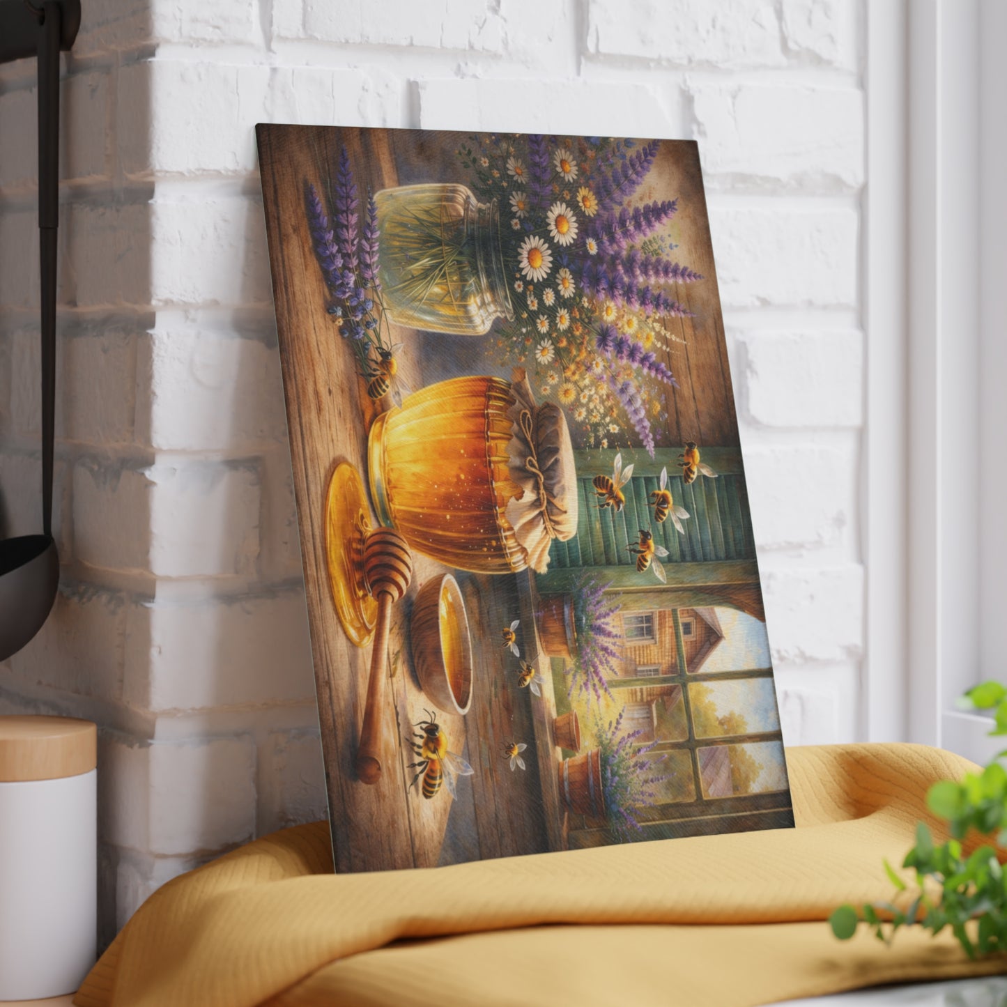 Golden Honey & Wildflowers Glass Cutting Board – Cozy Cottage Beekeeping Kitchen Art