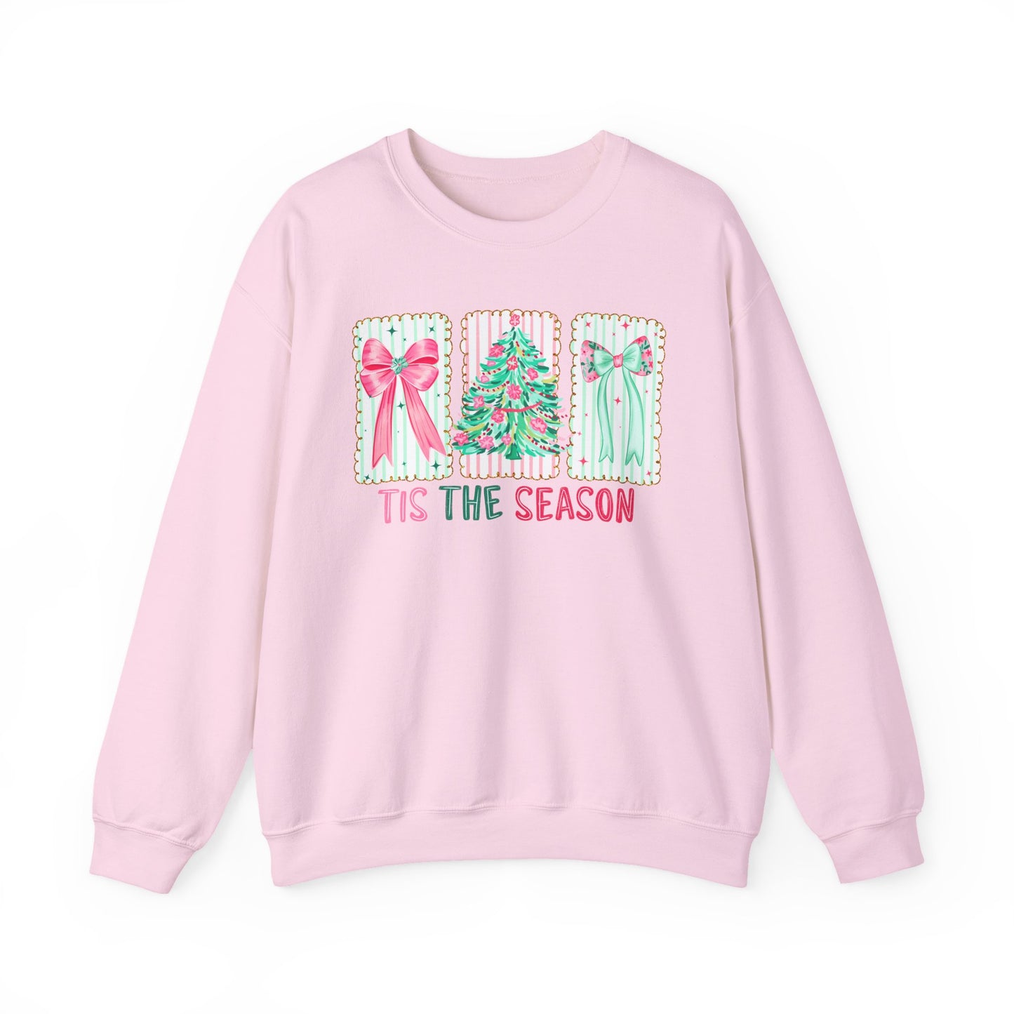 🎀🎄 ’Tis The Season Sweatshirt – Pastel Bows & Merry Tree Vibes ✨☃️