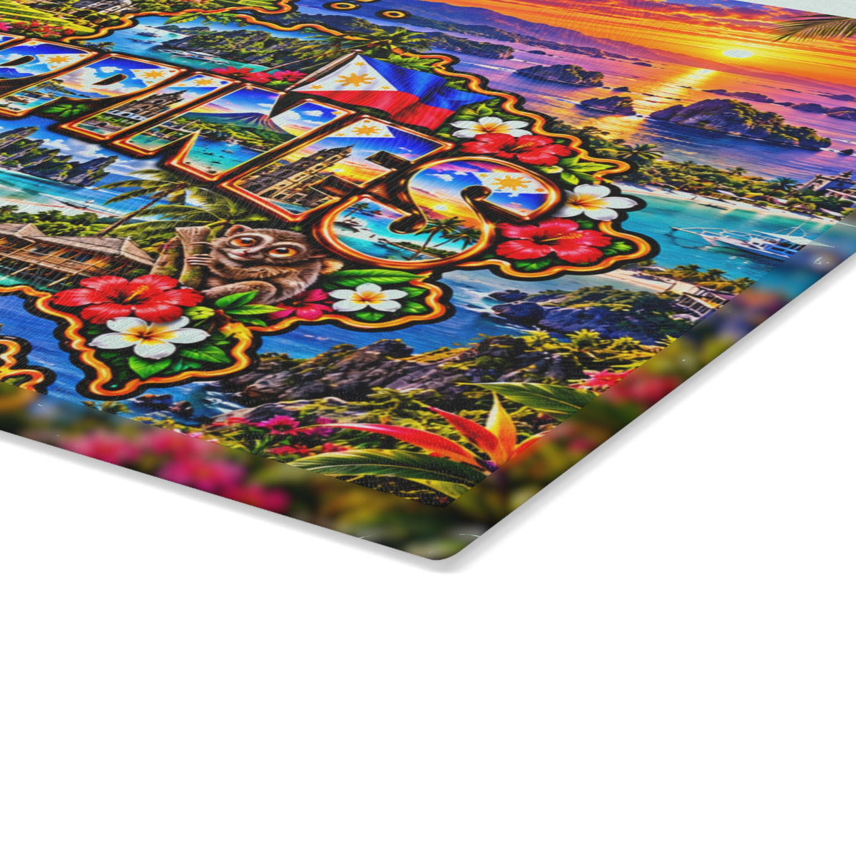 Philippines Glass Cutting Board – Tropical Island Map, Palawan Lagoons, Mayon Volcano, Philippine Flag & Sunset Kitchen Décor