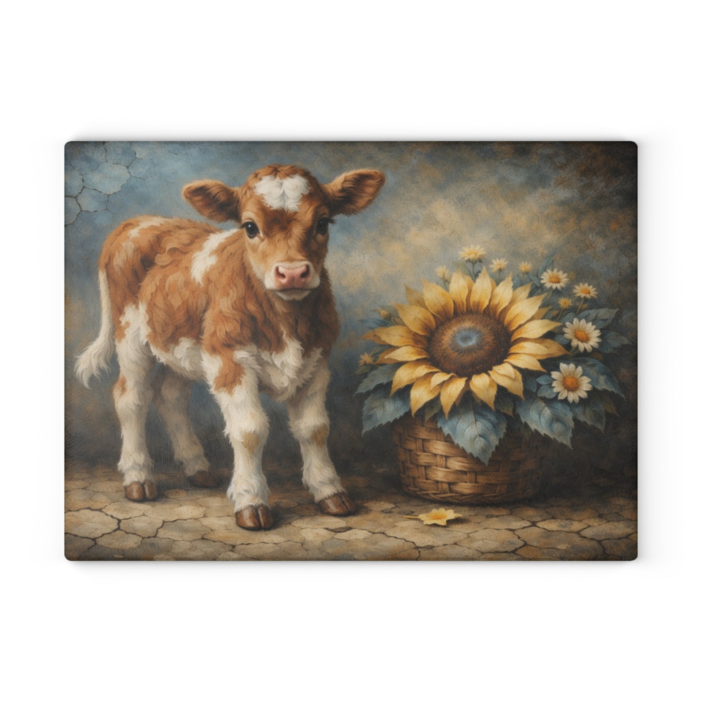 Sunflower Calf Glass Cutting Board – Rustic Farmhouse Kitchen Decor