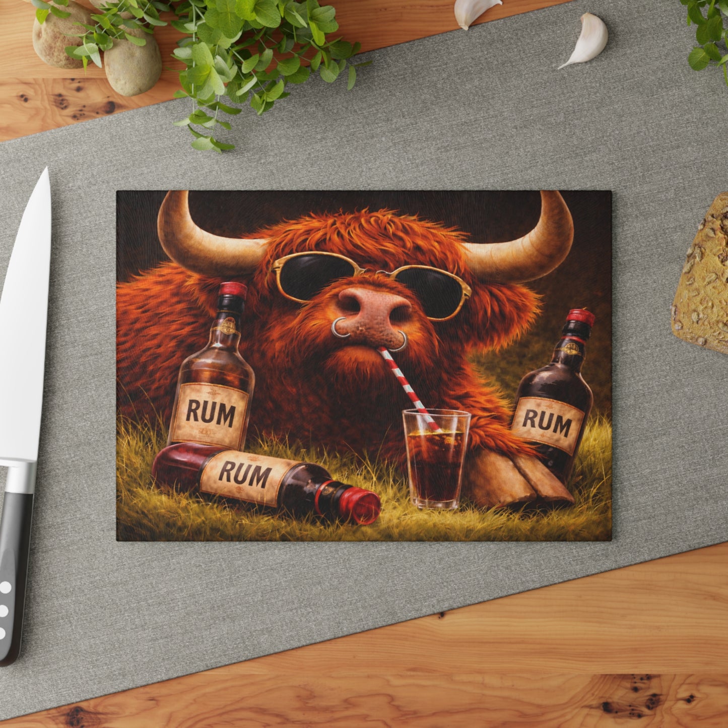 Sunglasses Highland Cow Glass Cutting Board – Bold Farm Bar Art with Playful Attitude