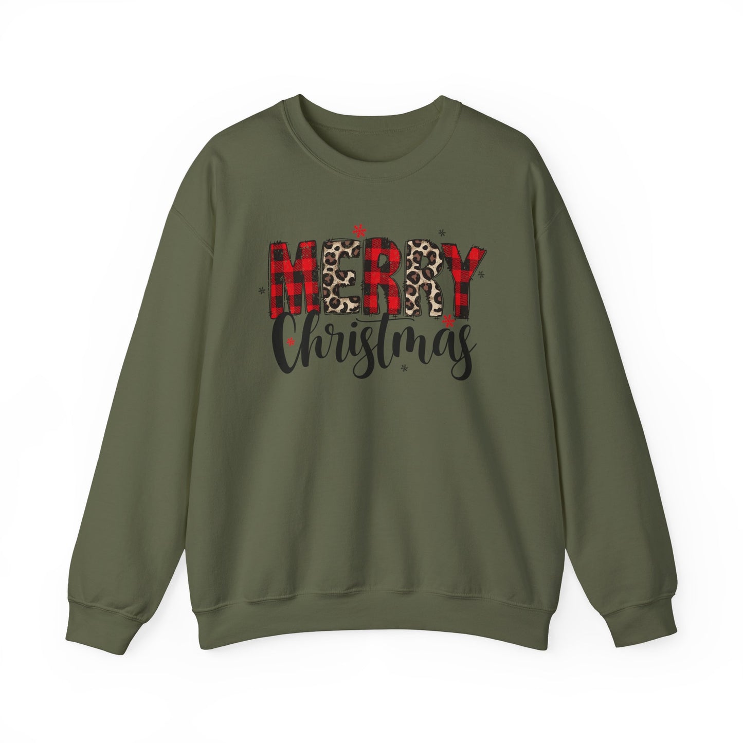 🎄🖤 Merry Christmas Buffalo Plaid & Leopard Crewneck – Cozy Unisex Holiday Pullover