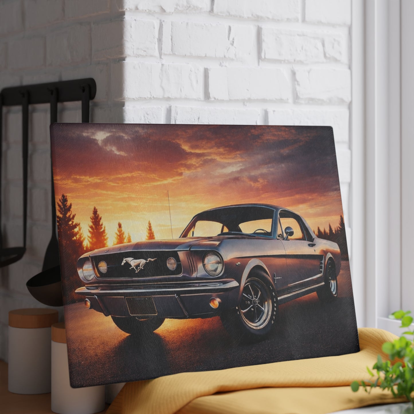 Classic Muscle Car Sunset Glass Cutting Board – Vintage American Auto Kitchen Art & Display Board