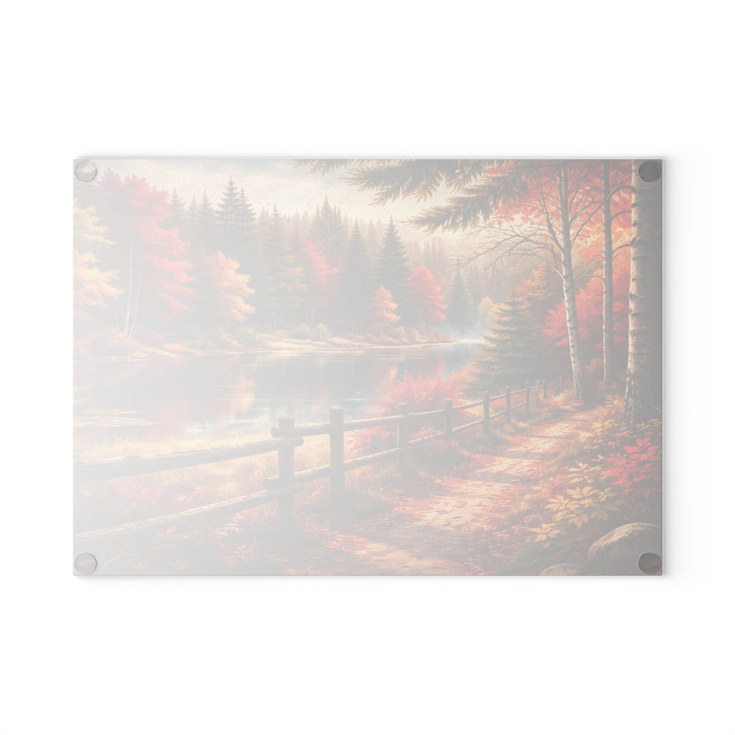 Autumn Lakeside Path Glass Cutting Board – Rustic Fall Forest Lake Kitchen Art