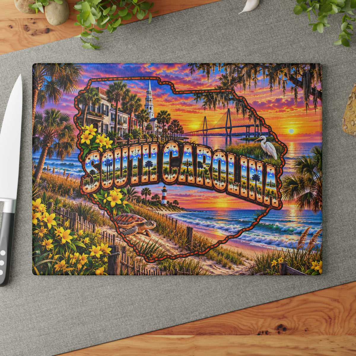 South Carolina Glass Cutting Board – Charleston Waterfront, Ravenel Bridge, Sea Turtle, Lighthouse & Coastal Sunset Kitchen Décor