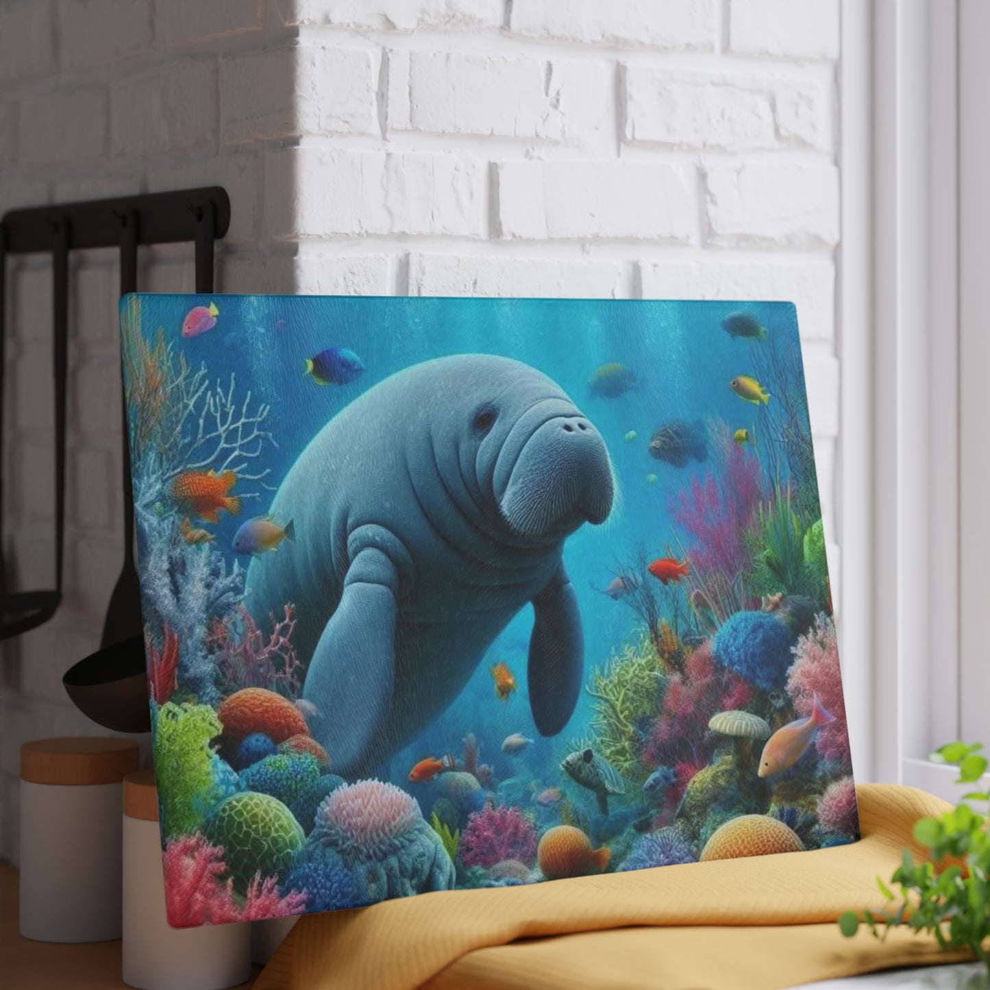 Manatee Cutting Board Textured Glass Florida Spring Kitchen Decor Coastal Home Gift Beach Housewarming Manatee Lover Sea Life Art Nautical