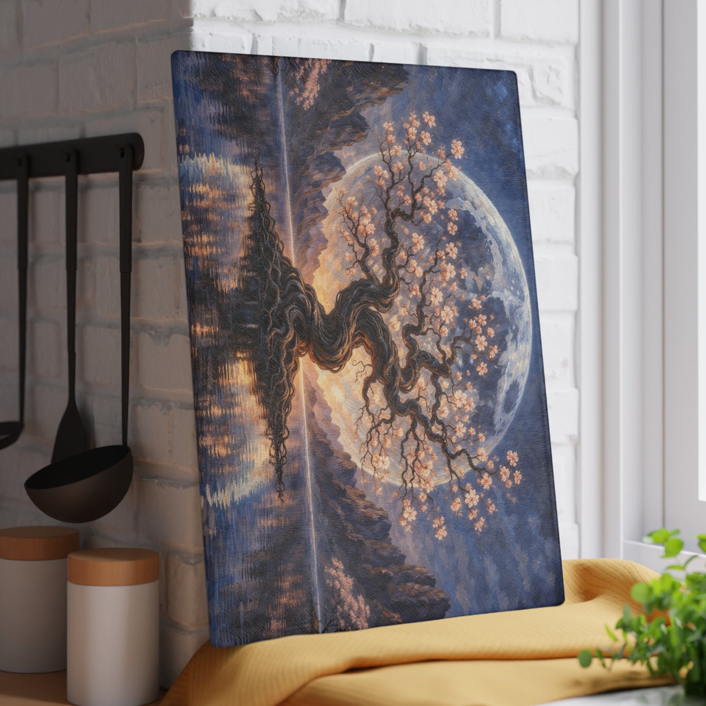 Moonlit Blossom Tree Glass Cutting Board – Dreamlike Fantasy Kitchen Art