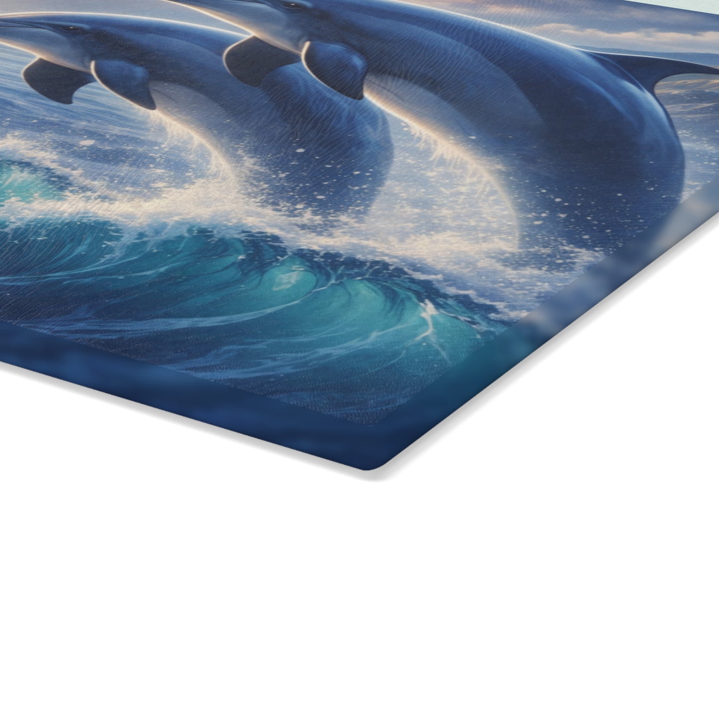 Dolphin Sunset Glass Cutting Board – Ocean-Inspired Artwork with Joyful Dolphins