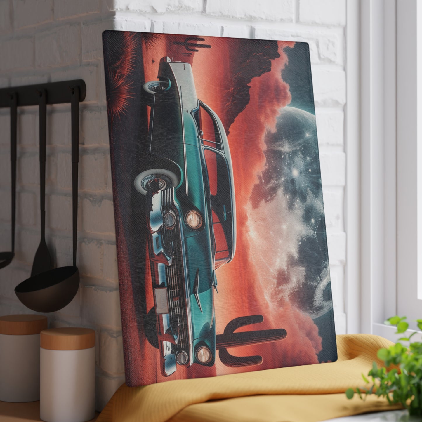 Vintage Desert Drive Glass Cutting Board – Retro Car Artwork with Southwestern Sunset