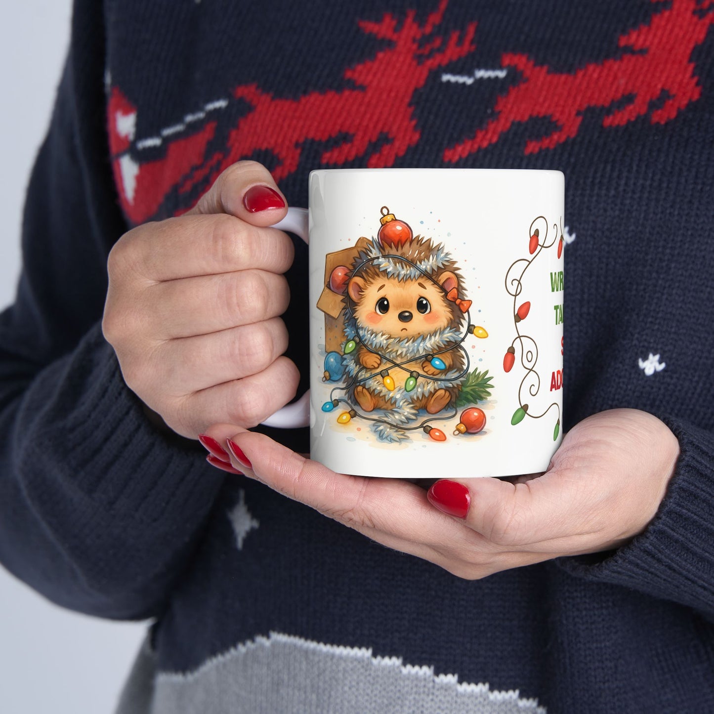 🦔🎄 Wrapped, Tangled, Still Adorable Hedgehog Mug – Cute Christmas Coffee Cup ✨☕