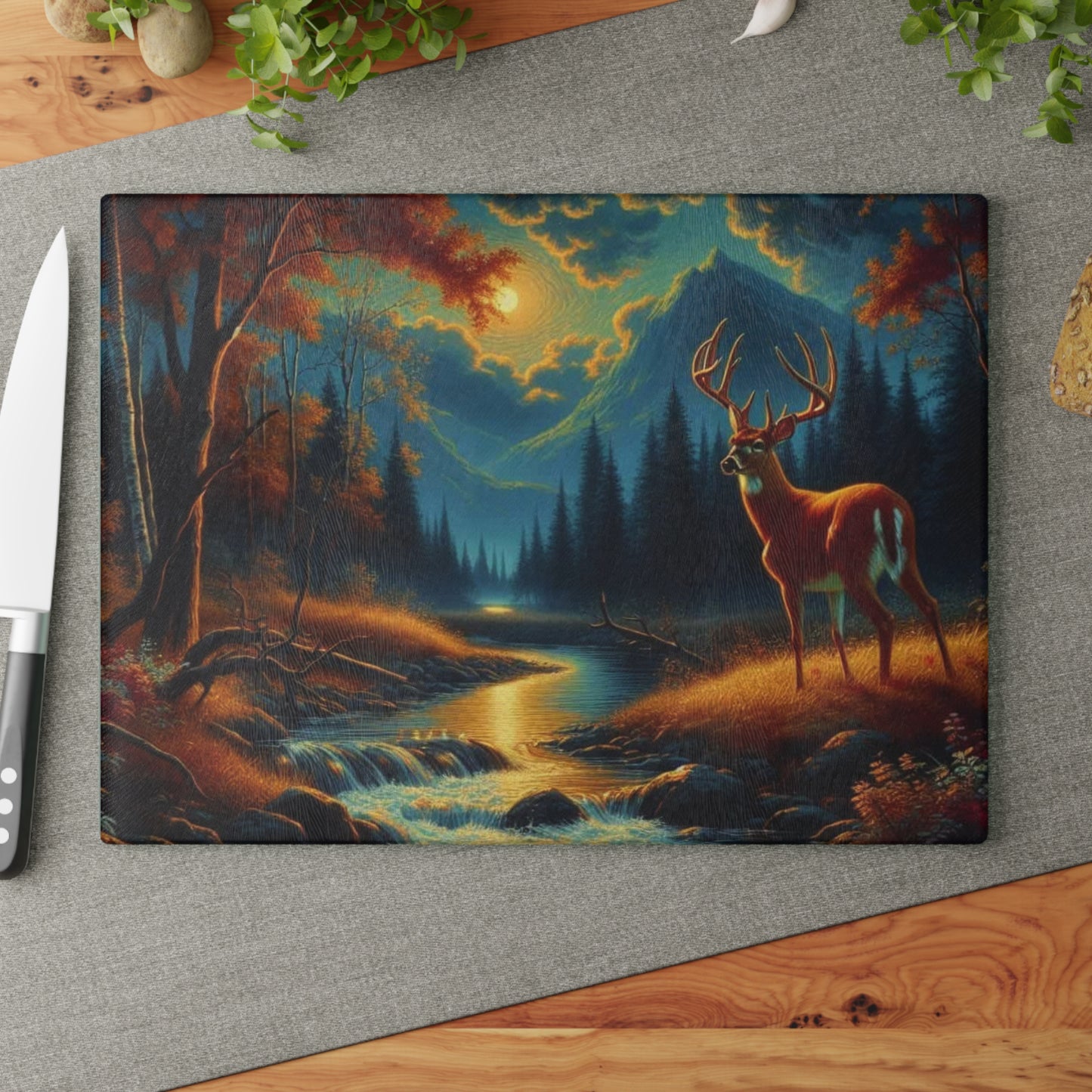 Moonlit Forest Buck Cutting Board – Enchanted Wilderness Art