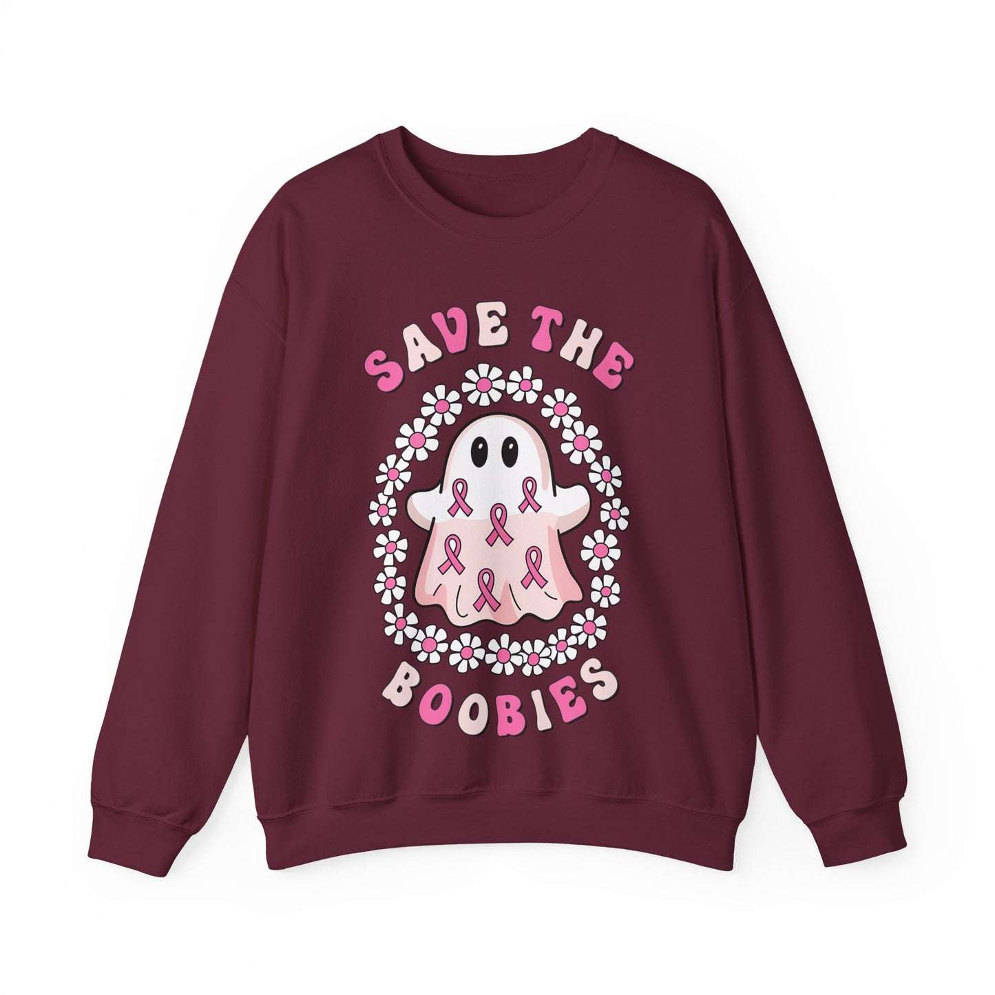 👻🎀 Save the Boobies Ghost Sweatshirt – Cute Breast Cancer Awareness Crewneck