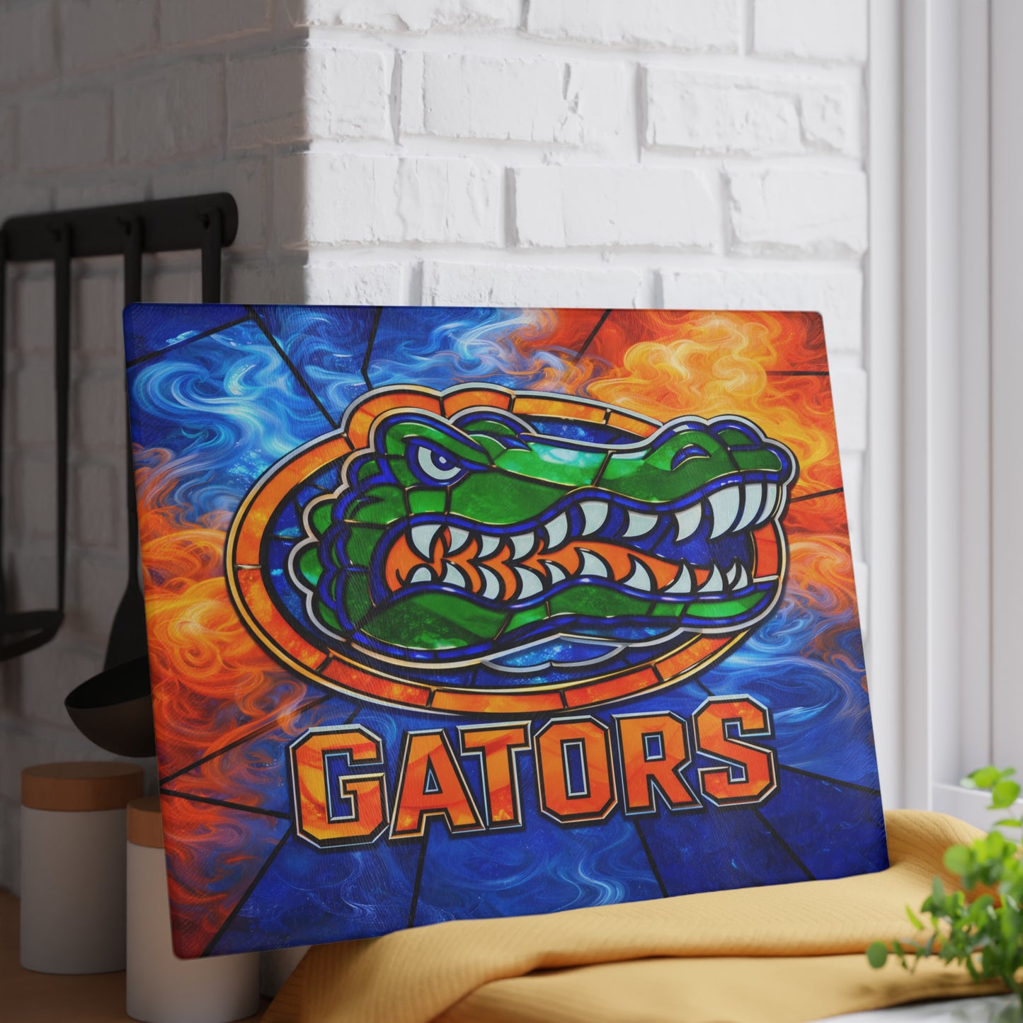 Stained Glass Reptile Glass Cutting Board – Bold Flame & Water Art Kitchen Decor