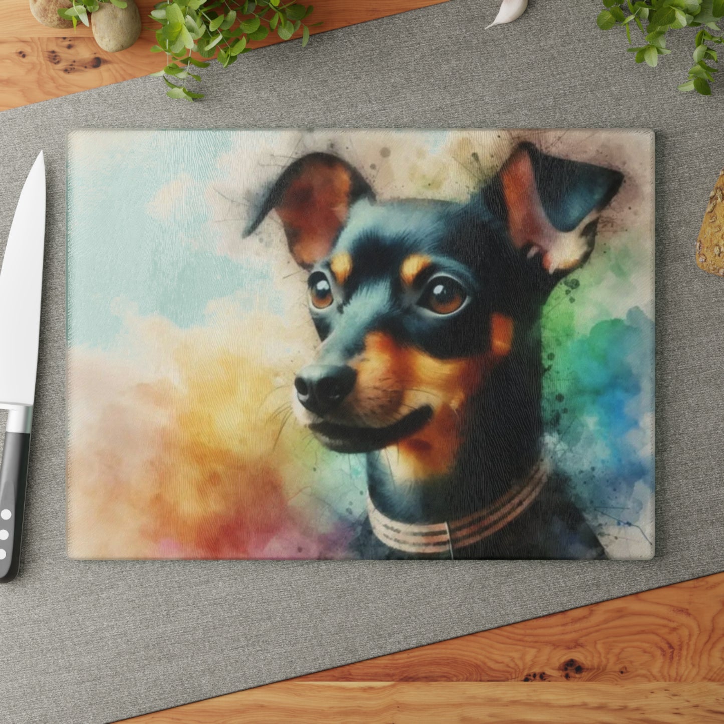 🐶🌈 “Rainbow Min Pin Portrait” Tempered Glass Board – Color Splash for Dog-Loving Kitchens