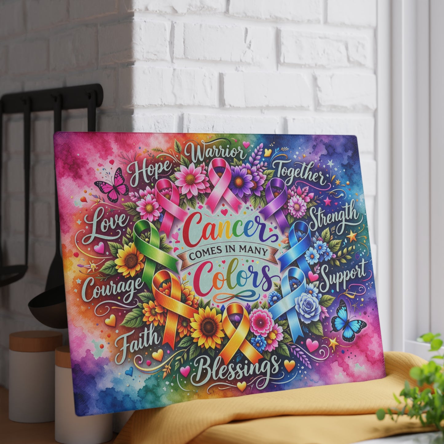 Cancer Comes in Many Colors Glass Cutting Board – Awareness Ribbon Floral Artwork