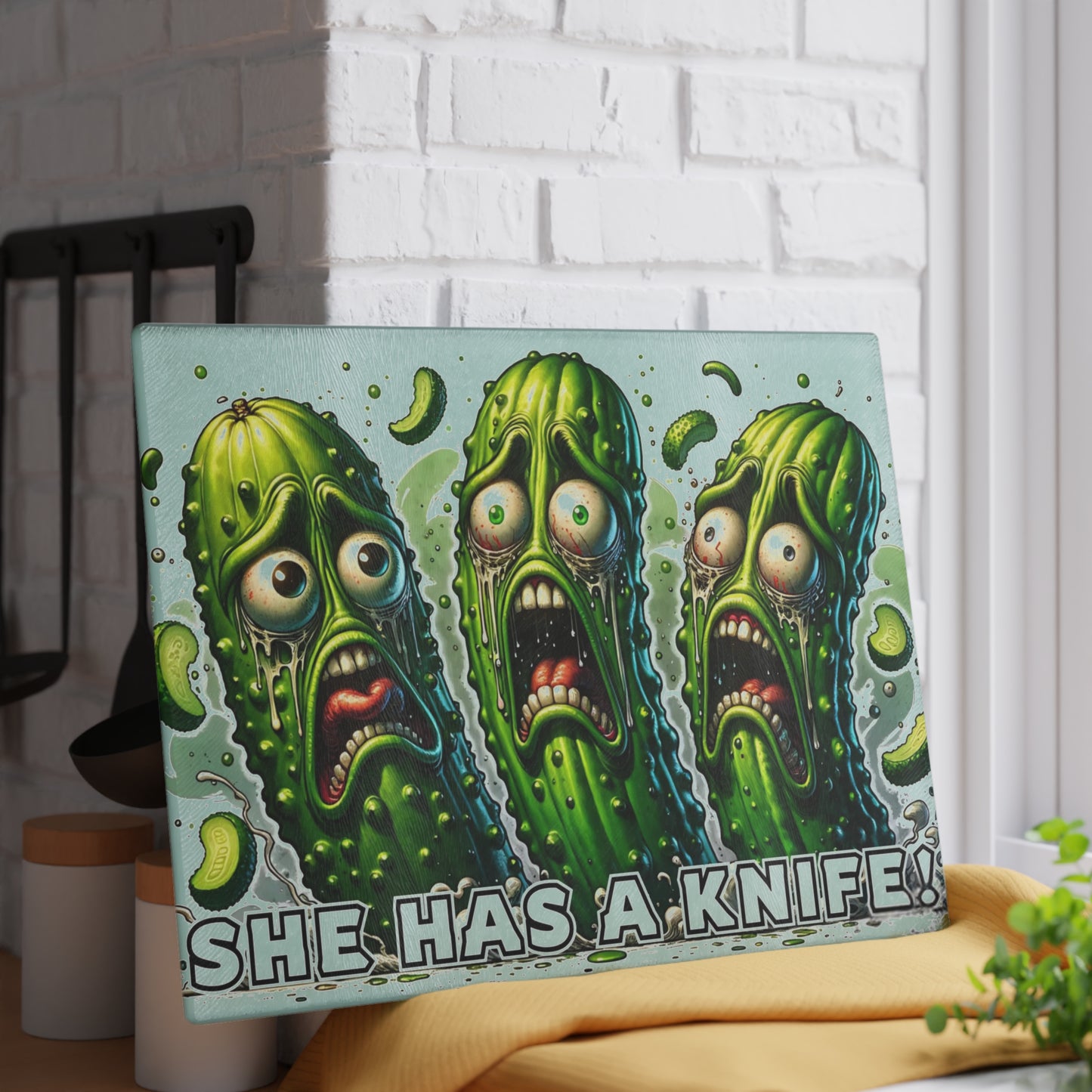 She Has a Knife! Glass Cutting Board – Pickle Panic Funny Kitchen Decor