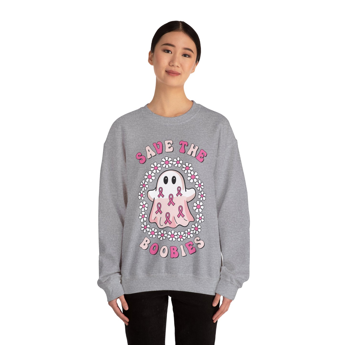 👻🎀 Save the Boobies Ghost Sweatshirt – Cute Breast Cancer Awareness Crewneck