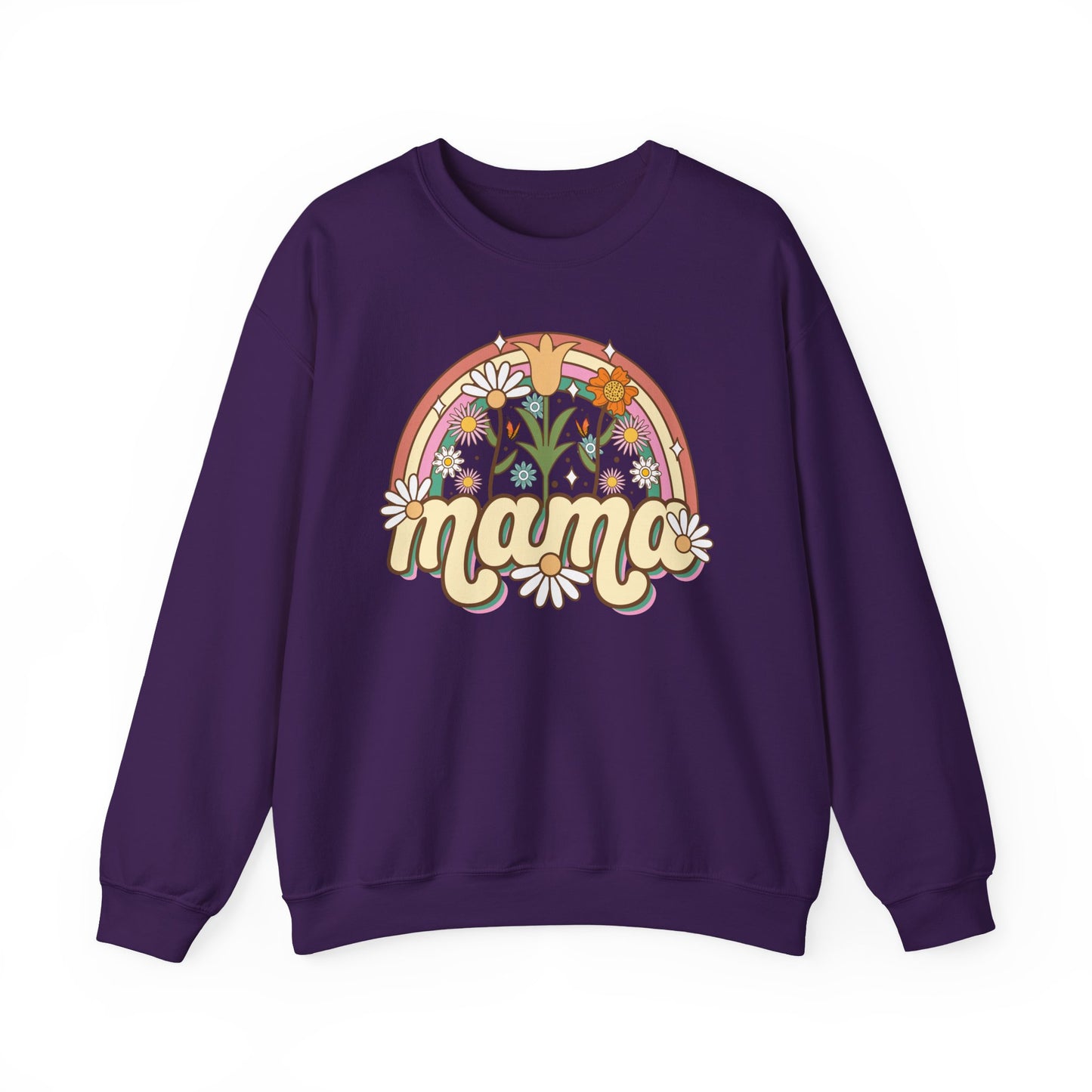 🌼🌈 Retro Floral Mama Sweatshirt – Vintage Rainbow Daisy Mom Crewneck