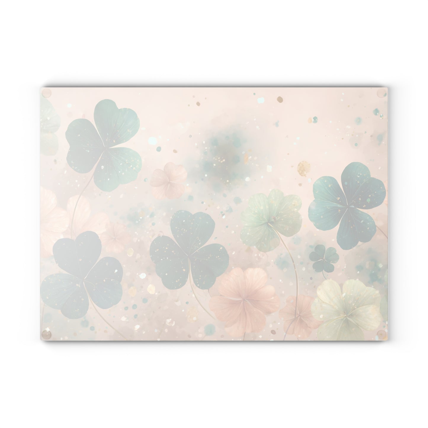 Pastel Shamrock Floral Glass Cutting Board – Soft Irish Clover Spring Kitchen Art