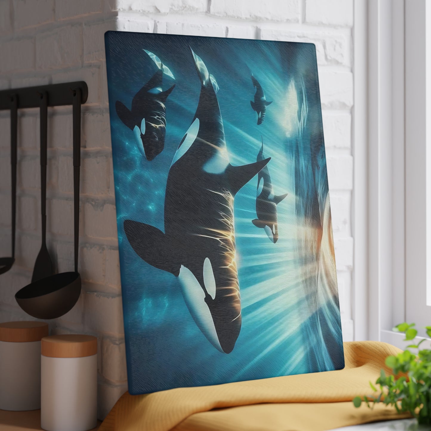 Ocean Guardians Glass Cutting Board – Orca Family Beneath Sunlit Waters