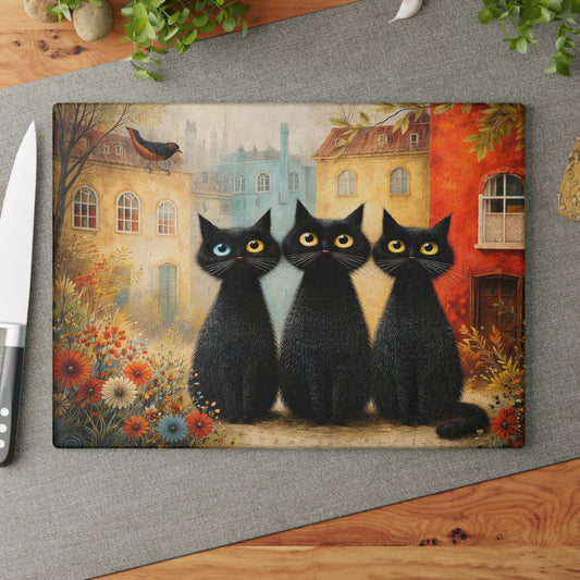 Whimsical Black Cat Glass Cutting Board – Storybook Village Cat Art Kitchen Decor