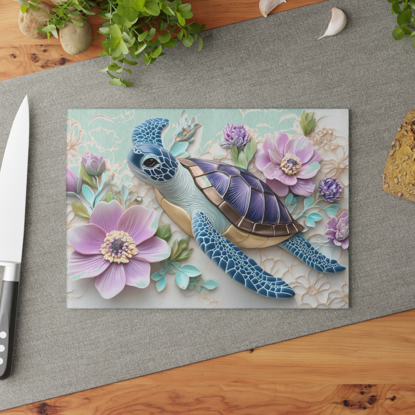 🐢 Floral Sea Turtle Cutting Board – Ocean Beauty Meets Botanical Elegance