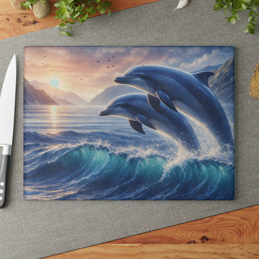 Dolphin Sunset Glass Cutting Board – Ocean-Inspired Artwork with Joyful Dolphins