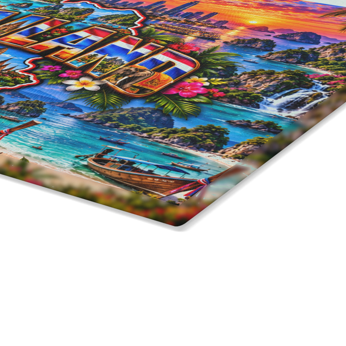 Thailand Map Cutting Board – Colorful Thai Temples, Tropical Islands, Golden Buddha, Waterfalls & Scenic Kitchen Décor