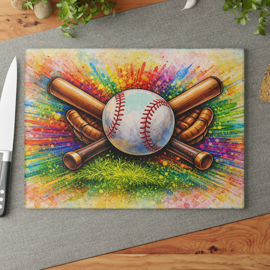Baseball Bat and Ball Color Burst Glass Cutting Board – Vibrant Sports Kitchen Decor