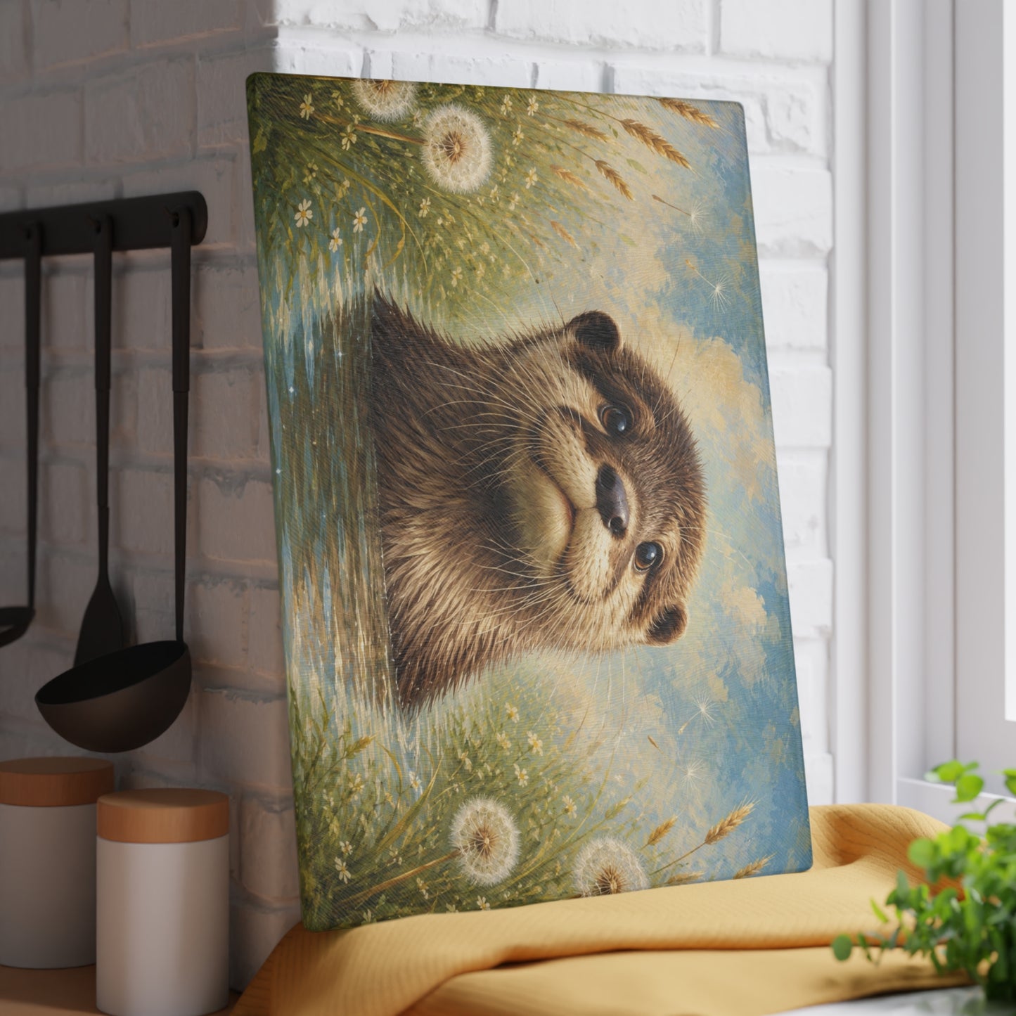 Gentle Meadow Otter Glass Cutting Board – Whimsical Wildlife Art with Soft Nature Tones